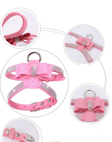 Bling Dog Harness for Girls, Cat Vest Harnesses with Bow Tie Puppy Kitty Cute Fancy Sparkling Pretty Crystal Diamond for Small Pet  Chihuahua,Pink S
