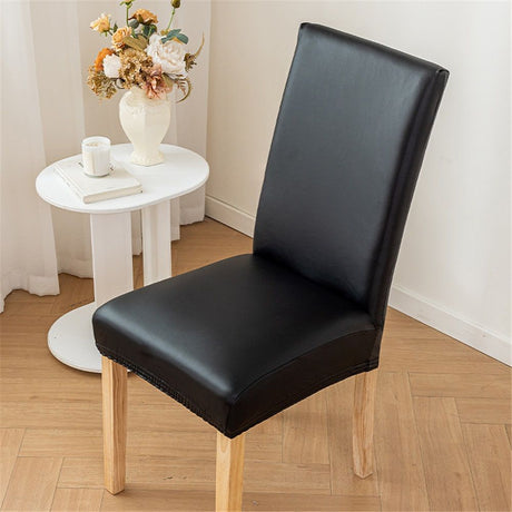 2 pack PU Faux Leather Waterproof Stretch Dining Chair Cover Chair Protector Slipcovers Covers (Black, 2)
