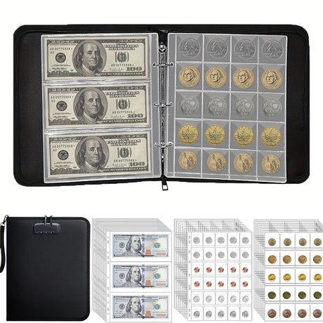 Coin Collection Album for Collectors with Lock, 360 Pockets Fireproof Coin Holder Book & 36 Paper Currency Binder Sleeves, Coin Storage Collecting Organizer for Pennies,Bill,Tokens,Badges（oniy bag）
