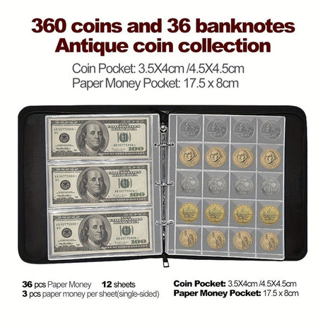 Coin Collection Album for Collectors with Lock, 360 Pockets Fireproof Coin Holder Book & 36 Paper Currency Binder Sleeves, Coin Storage Collecting Organizer for Pennies,Bill,Tokens,Badges（oniy bag）