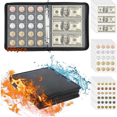 Coin Collection Album for Collectors with Lock, 360 Pockets Fireproof Coin Holder Book & 36 Paper Currency Binder Sleeves, Coin Storage Collecting Organizer for Pennies,Bill,Tokens,Badges（oniy bag）