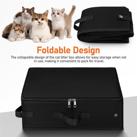 Portable Cat Travel Litter Box, Collapsible Cat Litter Carrier Tray, Waterproof Litter Box for Outdoor Fit Medium Cats and Kitties, Leak-Proof, Sturdy, Lightweight-Black