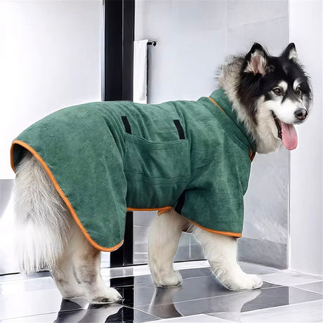 Pupper Fast Drying Dog Bath Robe | Plush Dog Towel Bathrobe/Dressing Gown | Super Absorbent Pet/Puppy Bathrobe | Adjustable Hood & Belly Strap | Super Soft | Fast Drying (S, dark green)