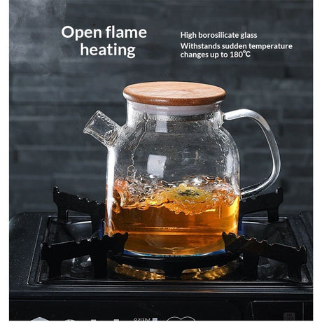 Glass Teapot, Stovetop and Microwave Safe Glass Borosilicate Teapot, 60.8 oz Clear Glass Pitcherwith Natural Bamboo Lid and Removable Filter for Making Flower Tea and Juice