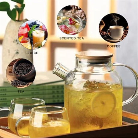 Glass Teapot, Stovetop and Microwave Safe Glass Borosilicate Teapot, 60.8 oz Clear Glass Pitcherwith Natural Bamboo Lid and Removable Filter for Making Flower Tea and Juice