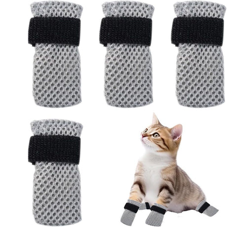 Anti-Scratch Cat Boot Covers - Paw Protectors (Mesh, Non-Slip, Breathable) - 4 Pairs (M, gray) - Suitable for Family Pet, Cat Bathing & Nail Cutting