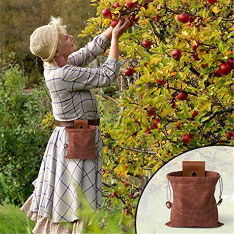 2 pack Foraging Bag, Outdoor Picking Fruit Bags, Waxed Canvas Foraging Pouch, Foldable Leather Belt Pouch with Drawstring Multi-Purpose Picking Bag for Camping, Shells, Treasures, Travel, Hiking