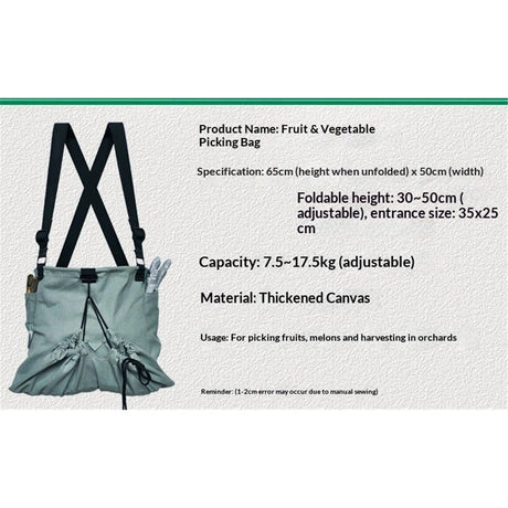 Drop Bottom Fruit Picking Bag, Large Adjustable Canvas Harvest Apron with Pockets for Orchard, Farm, Garden
