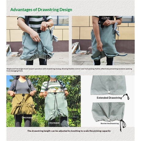 Drop Bottom Fruit Picking Bag, Large Adjustable Canvas Harvest Apron with Pockets for Orchard, Farm, Garden