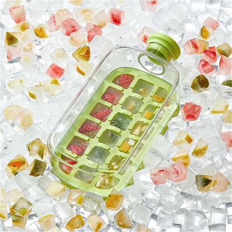 2-in-1 Ice Cube Bottle with Straw - Easy Press Ice Tray Water Bottle, Leak Proof Lid, Vertical Ice Maker for Freezer, Travel, Gym & Home Use (Green, 800ml)