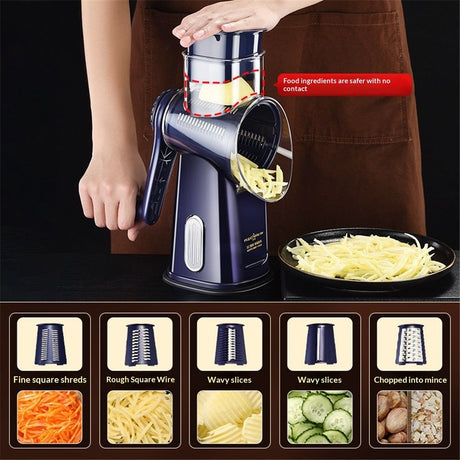 Rotary Cheese Grater with Handle, Manual Vegetable Slicer Grater with 5 Detachable Stainless Steel Blades, Round Grater Slicer Hand Crank Food Chopper for Kitchen with Blade Storage Box