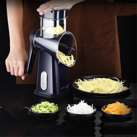 Rotary Cheese Grater with Handle, Manual Vegetable Slicer Grater with 5 Detachable Stainless Steel Blades, Round Grater Slicer Hand Crank Food Chopper for Kitchen with Blade Storage Box