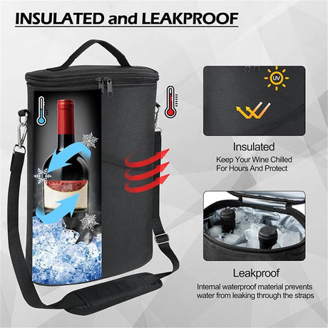 2 Bottle Wine Carrier Tote, Insulated Leakproof Wine Cooler Bag, Wine Travel Bag Tote for Picnic  Beach, Portable Wine Bottle Carrying Case, Gift for Wine Lover Women Men Christmas, Black