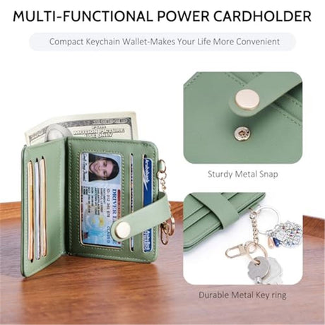 Slim Wallet for Women,Blocking Bifold Credit Card Holder with Zipper Coin Pocket,ID Window,Keychain（Green）