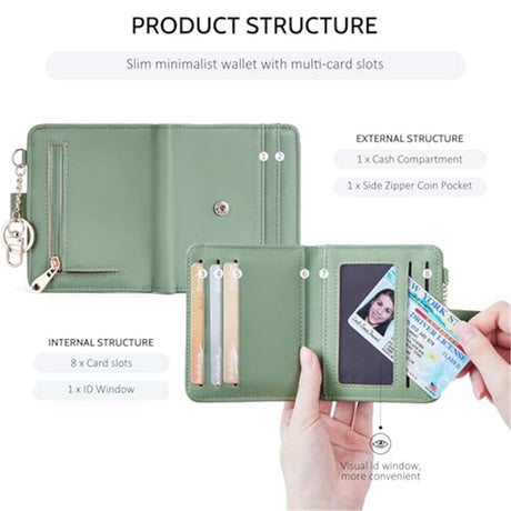 Slim Wallet for Women,Blocking Bifold Credit Card Holder with Zipper Coin Pocket,ID Window,Keychain（Green）