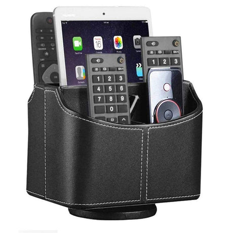 Remote Control Holder 360 Degrees Rotatable Desk Stationery Supply Organizer PU Leather Desktop Storage Box for Controllers Media Bedside Spinning TV Caddy iPad Mobile Pencil Cosmetic