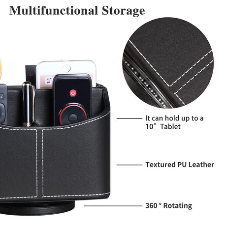 Remote Control Holder 360 Degrees Rotatable Desk Stationery Supply Organizer PU Leather Desktop Storage Box for Controllers Media Bedside Spinning TV Caddy iPad Mobile Pencil Cosmetic