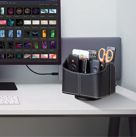 Remote Control Holder 360 Degrees Rotatable Desk Stationery Supply Organizer PU Leather Desktop Storage Box for Controllers Media Bedside Spinning TV Caddy iPad Mobile Pencil Cosmetic