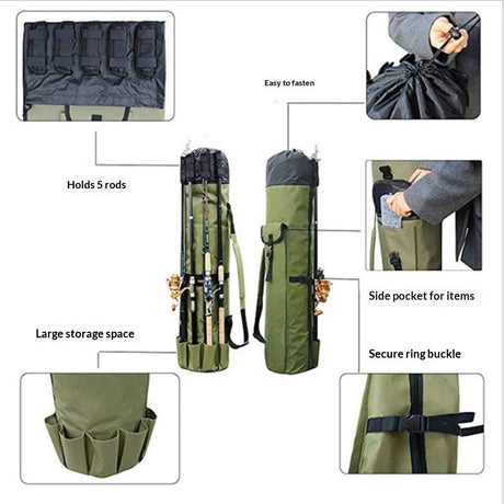 Durable Canvas Fishing Rod & Reel Organizer Bag Travel Carry Case Bag- Holds 5 Poles & Tackle Waterproof Rod Reel Bag Carrier Case,