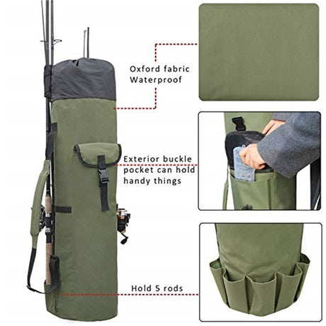 Durable Canvas Fishing Rod & Reel Organizer Bag Travel Carry Case Bag- Holds 5 Poles & Tackle Waterproof Rod Reel Bag Carrier Case,