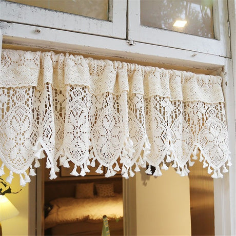 Retro Crochet Curtain Valance for Kitchen Window Boho Curtain Tiers for Coffee Decor Rod Pocket Farmhouse Short Curtains for Room Divider 1 Panel Knitting Doorway Curtain W35 X L15 Inch