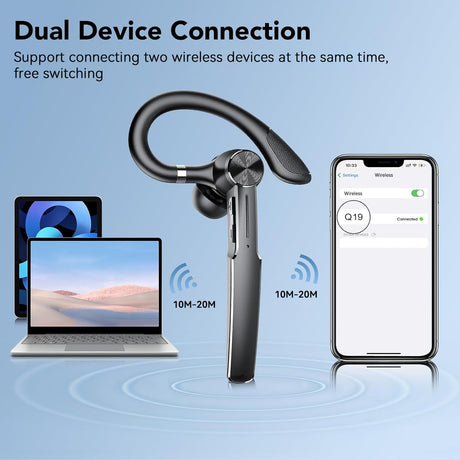 Bluetooth Headset, Wireless Bluetooth Earpiece with Charging Case 50 Hours Talking Time Built-in Microphone for iOS Android Cell Phone, V5.3 Hand-Free Headphones for Trucker, Office, Black