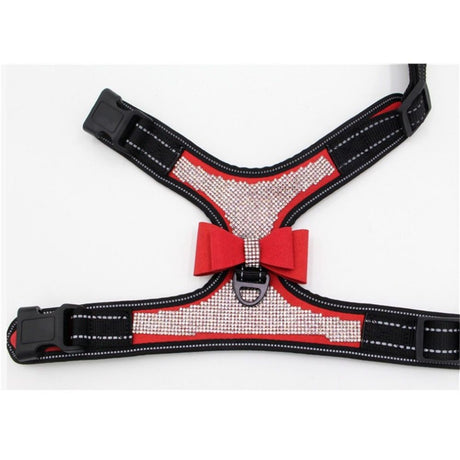 Reflective Dog Harness with Rhinestone, Cute Bling Ties Dog Harness Dog Leash, Reflective Chest Strap with Shiny Bow (M, red)