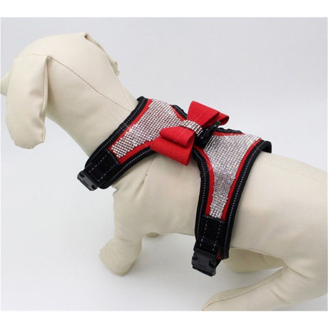 Reflective Dog Harness with Rhinestone, Cute Bling Ties Dog Harness Dog Leash, Reflective Chest Strap with Shiny Bow (M, red)