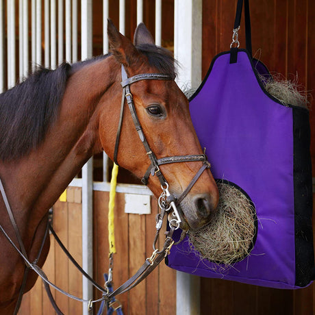 600D Oxford cloth Hay Feeder Tote Bag for Horses, Sheep with Reduces Waste - Comes with Hay Net (Purple)