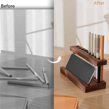 Pencil & Pen Holder for Desk, Solid Pen Display Stand with 9 Slots and Cell Phone Holder, Aesthetic Pen Organizer for Minimalist Office Desk Decor