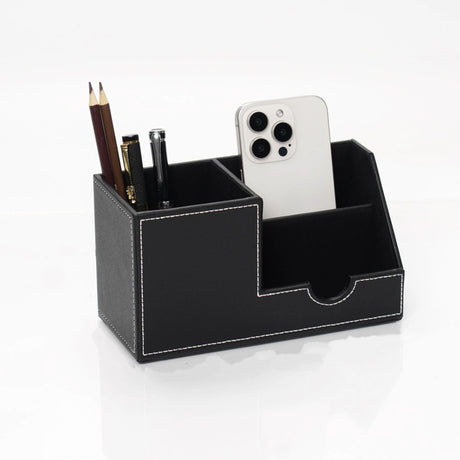 Desk Organizer Office Supplies Leather Multi-function Storage Box Pen/Pencil,Cell phone, Business Name Cards Remote Control Holder Black