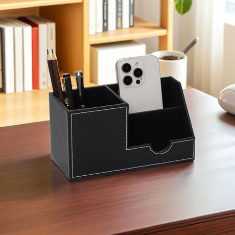 Desk Organizer Office Supplies Leather Multi-function Storage Box Pen/Pencil,Cell phone, Business Name Cards Remote Control Holder Black