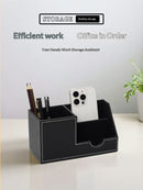 Desk Organizer Office Supplies Leather Multi-function Storage Box Pen/Pencil,Cell phone, Business Name Cards Remote Control Holder Black