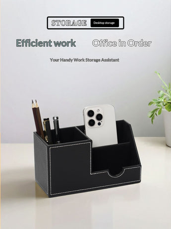 Desk Organizer Office Supplies Leather Multi-function Storage Box Pen/Pencil,Cell phone, Business Name Cards Remote Control Holder Black