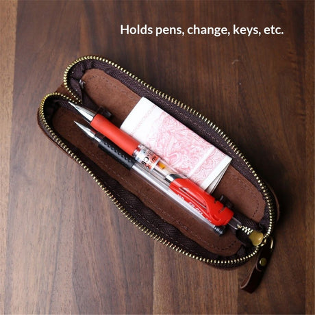 Head layer cowhide pencil case, portable zipper storage stationery bag, student stationery storage bag, genuine leather（brown）