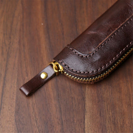Head layer cowhide pencil case, portable zipper storage stationery bag, student stationery storage bag, genuine leather（brown）