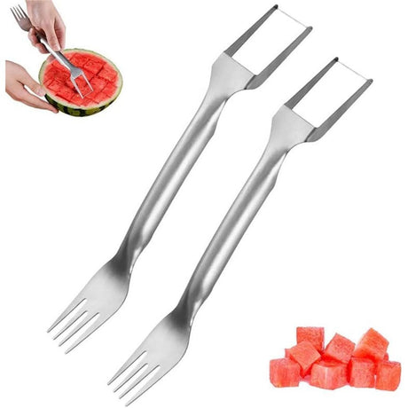 2-in-1 Stainless Steel Fruit Cutter, Dual Head Watermelon Fork Slicer Cutter Tool, Summer Watermelon Fruit Cutting Home Kitchen Gadgets (2Pcs)