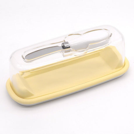 Small Butter Dish with Lid and Knife, Clear Plastic Butter Keeper for Countertop and Refrigerator, Easy Scoop and Easy to Clean for West & East Coast Butter