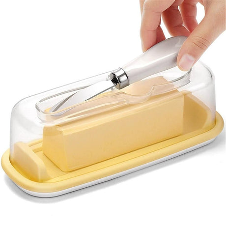 Small Butter Dish with Lid and Knife, Clear Plastic Butter Keeper for Countertop and Refrigerator, Easy Scoop and Easy to Clean for West & East Coast Butter
