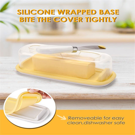 Small Butter Dish with Lid and Knife, Clear Plastic Butter Keeper for Countertop and Refrigerator, Easy Scoop and Easy to Clean for West & East Coast Butter