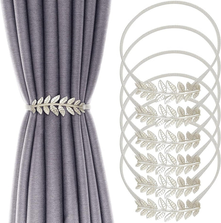 6Pack Curtain Tiebacks Spring Design Curtain Holdback Leaf Carving Design Curtain Ties for Drapes Curtain Ties Backs Curtain Modern Style Curtain Holdback Decor(Sliver Leaf)