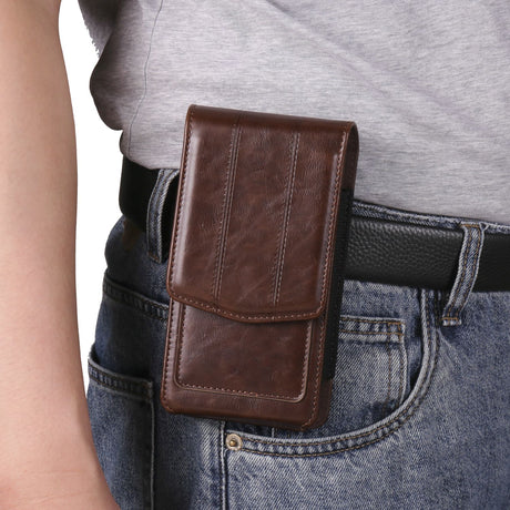 Cell Phone Waist Holster with Clip Leather,Travel Sport Mobile Phone Belt Pouch Purse Men Card Holder Waist Wallet Belt Loop Pocket with Carabiner Hook Bumbag（dark brown 6.5in）