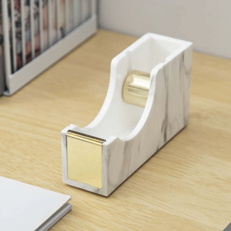 Gold Tape Dispenser | Acrylic Desktop Tape Cutter with Smooth Blade & Weighted Non-Slip Base | Fits Standard & Large Rolls | Cute Desk Accessory for Office & Home (Marble Gold)