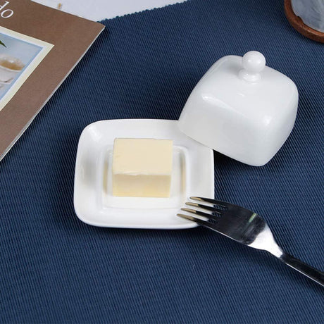 Rectangle Butter Dish with Lid, White  Domed Cheese Dish with Handle Individual Serving Mini Butter Tray, Cute Ceramic Dessert Serving Bowl for Table, Countertop, Refrigerator