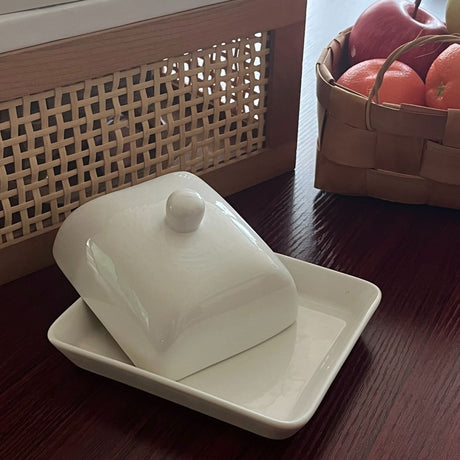 Rectangle Butter Dish with Lid, White  Domed Cheese Dish with Handle Individual Serving Mini Butter Tray, Cute Ceramic Dessert Serving Bowl for Table, Countertop, Refrigerator