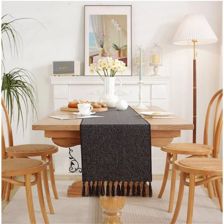 Tassel Table Runner, Linen Blend Rustic Farmhouse Style Kitchen Table Decoration Holiday Wedding Party Dinning Decor 33*143cm Black