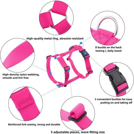 Explosion-Proof No-Pull H-Shaped Dog Harness Adjustable Nylon Chest Back Harness for Medium Large Dogs Escape-Proof Reflective Safe Walking（Rose red M）