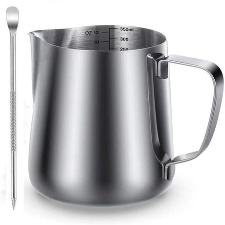 304 Stainless Steel Milk Frothing Pitcher 350ml+Pull flower needle, Espresso Steaming Pitcher with Decorating Pen for Espresso Machines, Cappuccino