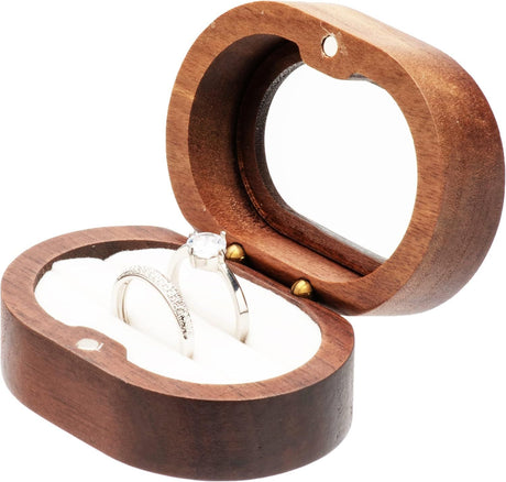2pcs Oval Small Walnut Wooden Ring Box for 2 Rings, Ring Holder for Engagement Wedding Ceremony Marriage Birthday (white open window)