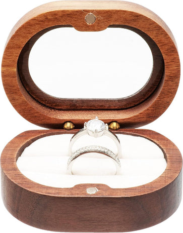 2pcs Oval Small Walnut Wooden Ring Box for 2 Rings, Ring Holder for Engagement Wedding Ceremony Marriage Birthday (white open window)